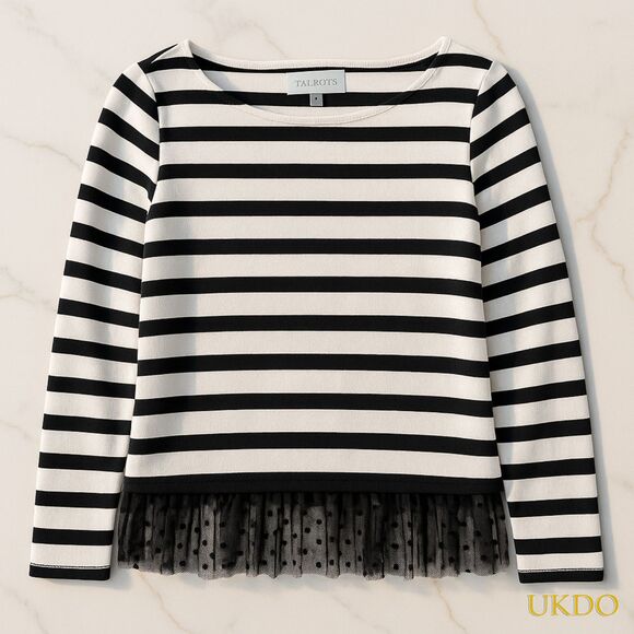 Talbots Women’s Striped Long Sleeve Top with Lace Hem Size S Black White - Picture 3 of 8